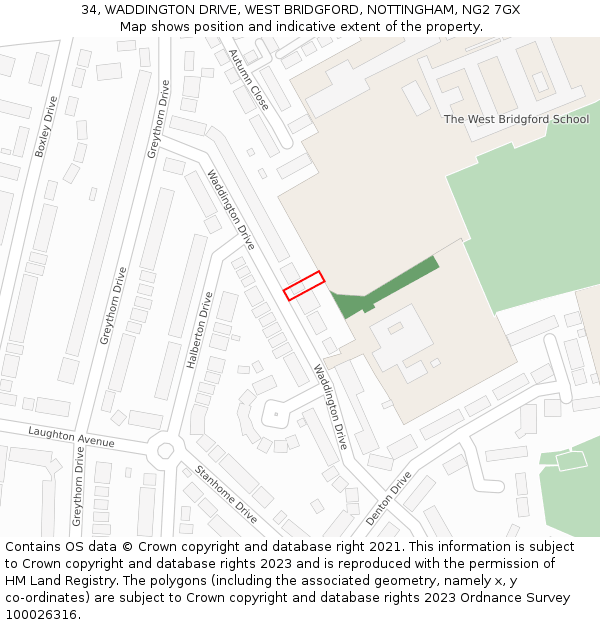 34, WADDINGTON DRIVE, WEST BRIDGFORD, NOTTINGHAM, NG2 7GX: Location map and indicative extent of plot