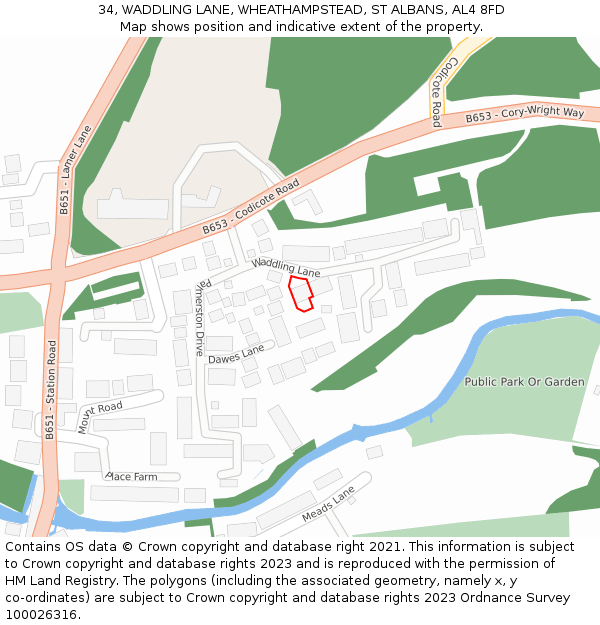 34, WADDLING LANE, WHEATHAMPSTEAD, ST ALBANS, AL4 8FD: Location map and indicative extent of plot
