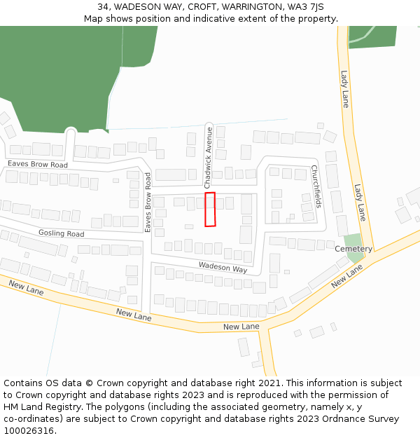 34, WADESON WAY, CROFT, WARRINGTON, WA3 7JS: Location map and indicative extent of plot