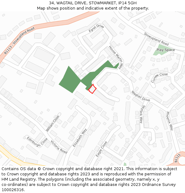 34, WAGTAIL DRIVE, STOWMARKET, IP14 5GH: Location map and indicative extent of plot