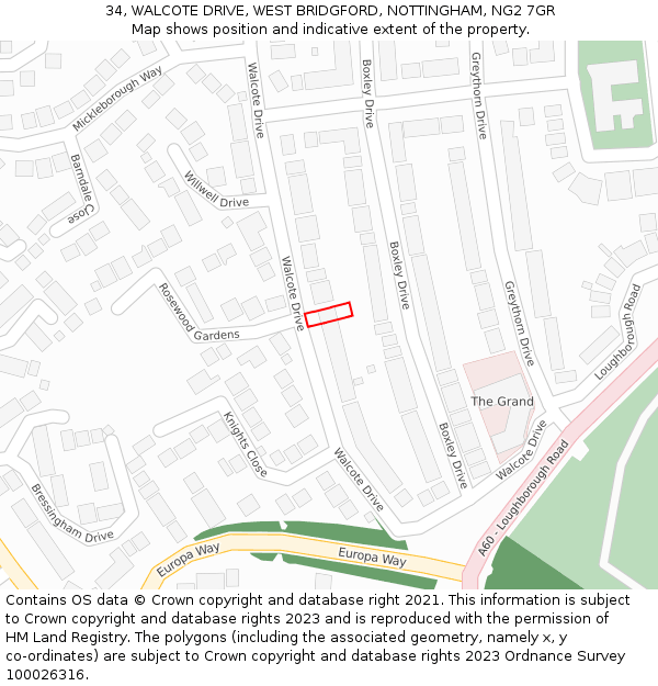 34, WALCOTE DRIVE, WEST BRIDGFORD, NOTTINGHAM, NG2 7GR: Location map and indicative extent of plot