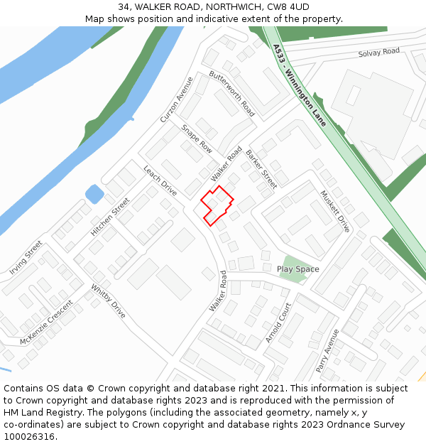 34, WALKER ROAD, NORTHWICH, CW8 4UD: Location map and indicative extent of plot