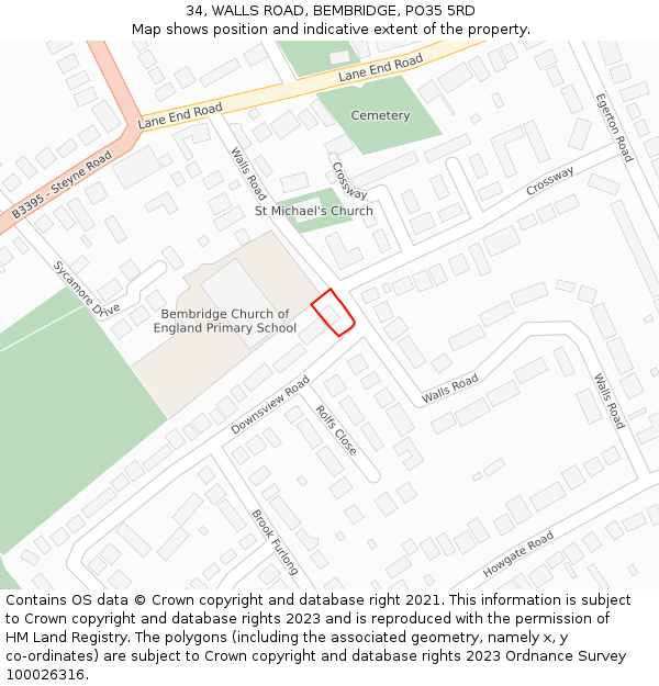 34, WALLS ROAD, BEMBRIDGE, PO35 5RD: Location map and indicative extent of plot