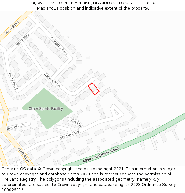 34, WALTERS DRIVE, PIMPERNE, BLANDFORD FORUM, DT11 8UX: Location map and indicative extent of plot