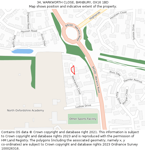 34, WARKWORTH CLOSE, BANBURY, OX16 1BD: Location map and indicative extent of plot