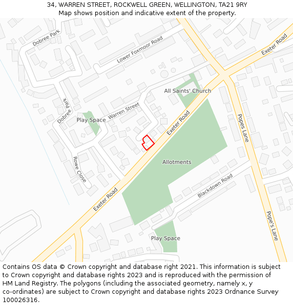 34, WARREN STREET, ROCKWELL GREEN, WELLINGTON, TA21 9RY: Location map and indicative extent of plot