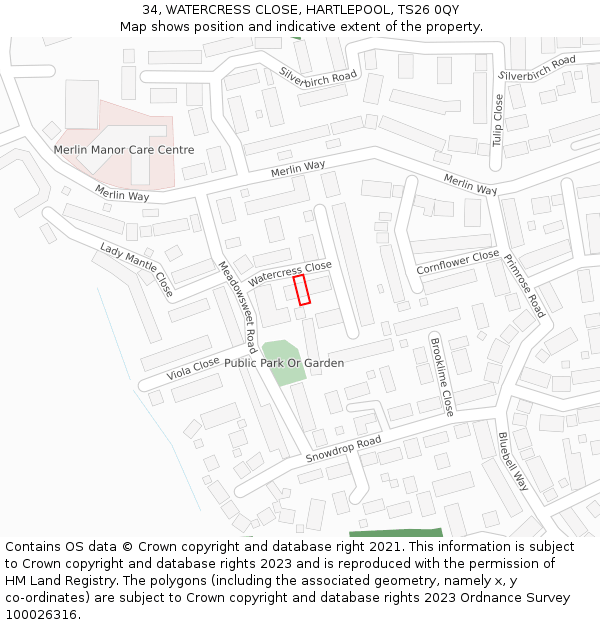 34, WATERCRESS CLOSE, HARTLEPOOL, TS26 0QY: Location map and indicative extent of plot