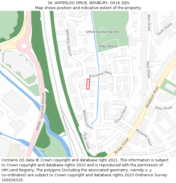 34, WATERLOO DRIVE, BANBURY, OX16 3QN: Location map and indicative extent of plot