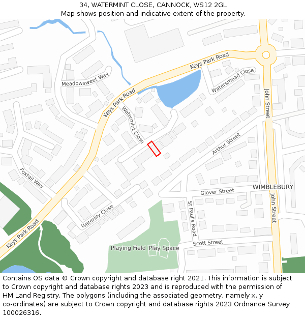 34, WATERMINT CLOSE, CANNOCK, WS12 2GL: Location map and indicative extent of plot