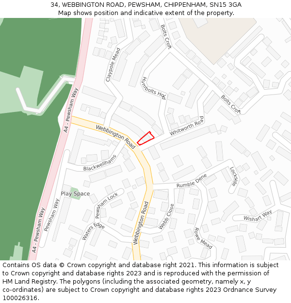 34, WEBBINGTON ROAD, PEWSHAM, CHIPPENHAM, SN15 3GA: Location map and indicative extent of plot