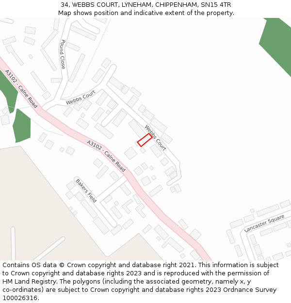 34, WEBBS COURT, LYNEHAM, CHIPPENHAM, SN15 4TR: Location map and indicative extent of plot