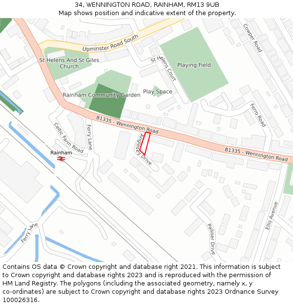 34, WENNINGTON ROAD, RAINHAM, RM13 9UB: Location map and indicative extent of plot