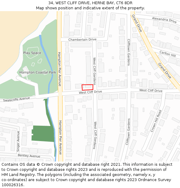 34, WEST CLIFF DRIVE, HERNE BAY, CT6 8DR: Location map and indicative extent of plot