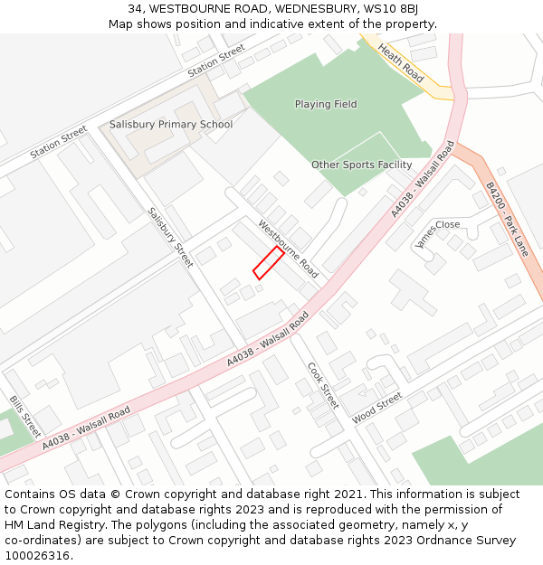 34, WESTBOURNE ROAD, WEDNESBURY, WS10 8BJ: Location map and indicative extent of plot