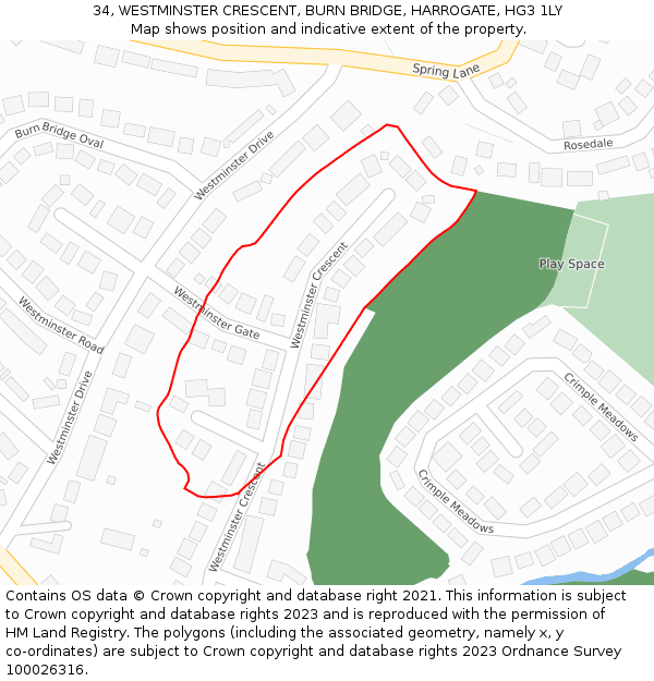 34, WESTMINSTER CRESCENT, BURN BRIDGE, HARROGATE, HG3 1LY: Location map and indicative extent of plot