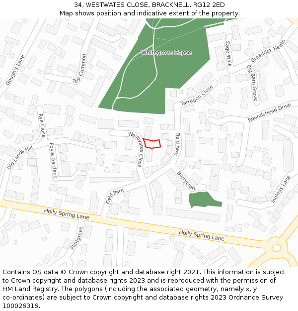 34, WESTWATES CLOSE, BRACKNELL, RG12 2ED: Location map and indicative extent of plot