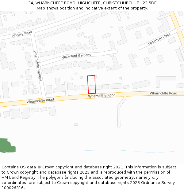 34, WHARNCLIFFE ROAD, HIGHCLIFFE, CHRISTCHURCH, BH23 5DE: Location map and indicative extent of plot