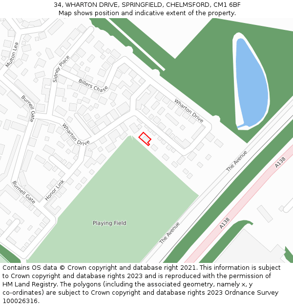 34, WHARTON DRIVE, SPRINGFIELD, CHELMSFORD, CM1 6BF: Location map and indicative extent of plot
