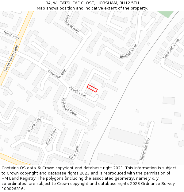 34, WHEATSHEAF CLOSE, HORSHAM, RH12 5TH: Location map and indicative extent of plot