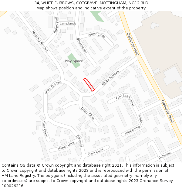 34, WHITE FURROWS, COTGRAVE, NOTTINGHAM, NG12 3LD: Location map and indicative extent of plot