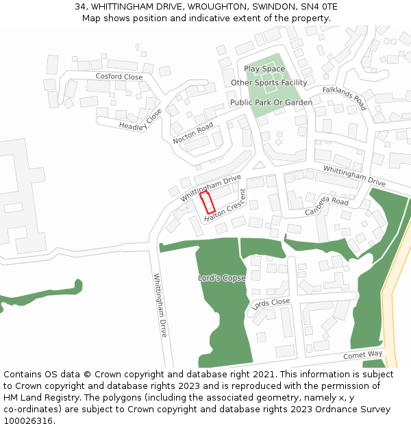 34, WHITTINGHAM DRIVE, WROUGHTON, SWINDON, SN4 0TE: Location map and indicative extent of plot