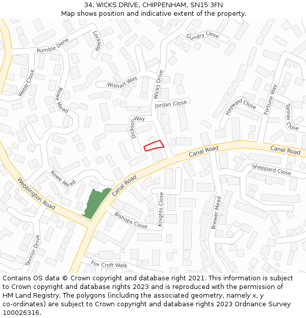 34, WICKS DRIVE, CHIPPENHAM, SN15 3FN: Location map and indicative extent of plot