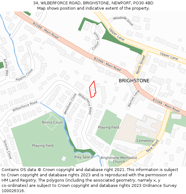 34, WILBERFORCE ROAD, BRIGHSTONE, NEWPORT, PO30 4BD: Location map and indicative extent of plot