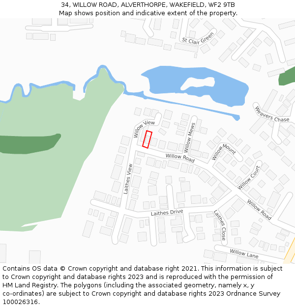 34, WILLOW ROAD, ALVERTHORPE, WAKEFIELD, WF2 9TB: Location map and indicative extent of plot