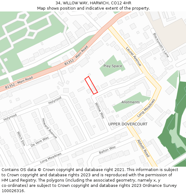 34, WILLOW WAY, HARWICH, CO12 4HR: Location map and indicative extent of plot