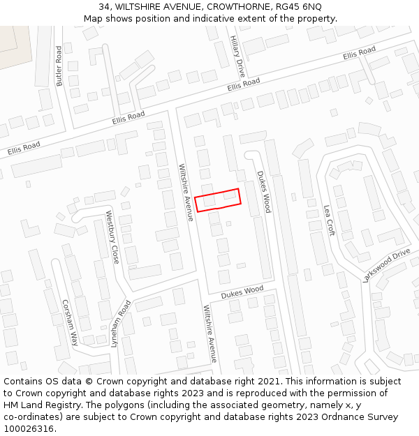 34, WILTSHIRE AVENUE, CROWTHORNE, RG45 6NQ: Location map and indicative extent of plot
