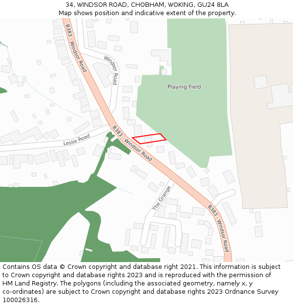 34, WINDSOR ROAD, CHOBHAM, WOKING, GU24 8LA: Location map and indicative extent of plot