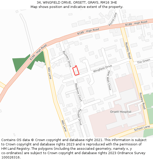 34, WINGFIELD DRIVE, ORSETT, GRAYS, RM16 3HE: Location map and indicative extent of plot