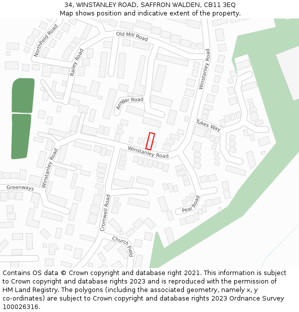 34, WINSTANLEY ROAD, SAFFRON WALDEN, CB11 3EQ: Location map and indicative extent of plot