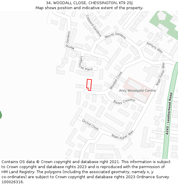 34, WOODALL CLOSE, CHESSINGTON, KT9 2SJ: Location map and indicative extent of plot