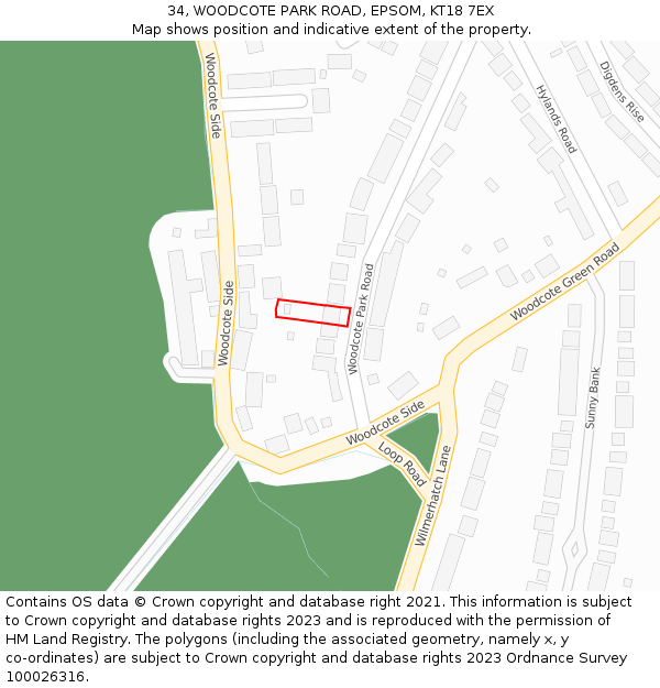 34, WOODCOTE PARK ROAD, EPSOM, KT18 7EX: Location map and indicative extent of plot