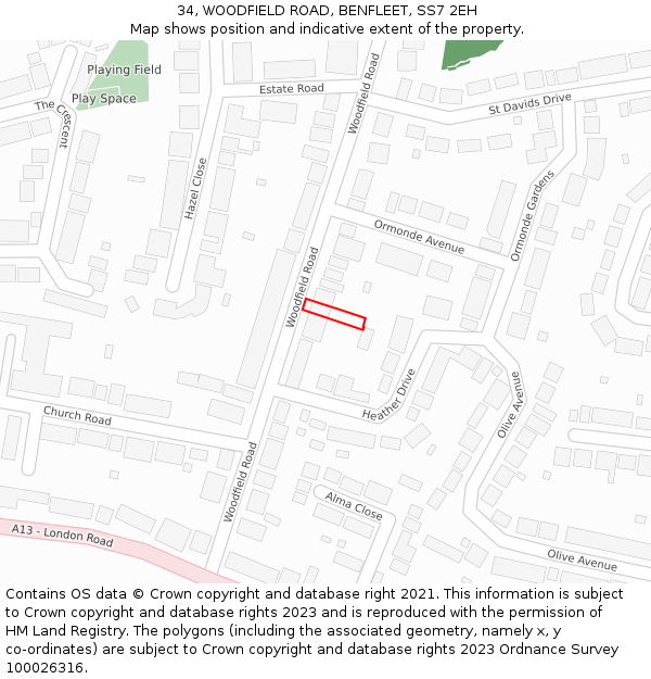 34, WOODFIELD ROAD, BENFLEET, SS7 2EH: Location map and indicative extent of plot