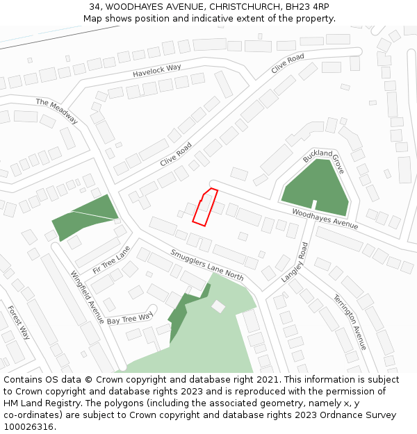 34, WOODHAYES AVENUE, CHRISTCHURCH, BH23 4RP: Location map and indicative extent of plot