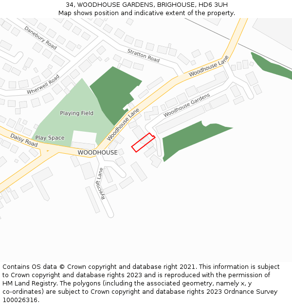 34, WOODHOUSE GARDENS, BRIGHOUSE, HD6 3UH: Location map and indicative extent of plot