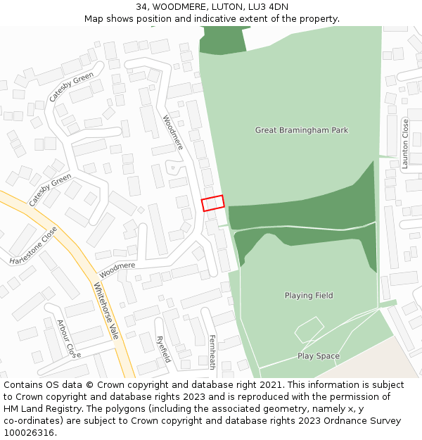 34, WOODMERE, LUTON, LU3 4DN: Location map and indicative extent of plot