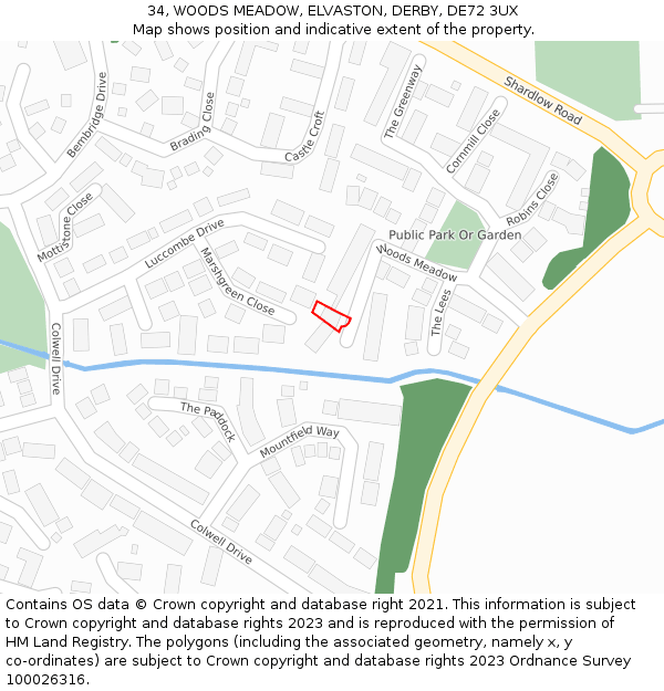 34, WOODS MEADOW, ELVASTON, DERBY, DE72 3UX: Location map and indicative extent of plot