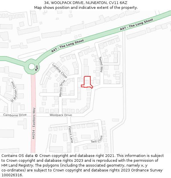 34, WOOLPACK DRIVE, NUNEATON, CV11 6AZ: Location map and indicative extent of plot