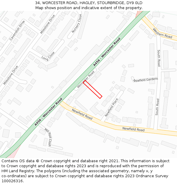 34, WORCESTER ROAD, HAGLEY, STOURBRIDGE, DY9 0LD: Location map and indicative extent of plot