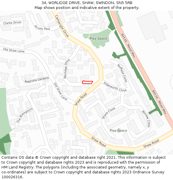 34, WORLIDGE DRIVE, SHAW, SWINDON, SN5 5RB: Location map and indicative extent of plot