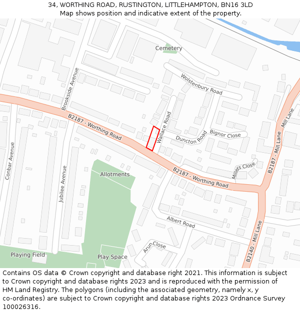 34, WORTHING ROAD, RUSTINGTON, LITTLEHAMPTON, BN16 3LD: Location map and indicative extent of plot