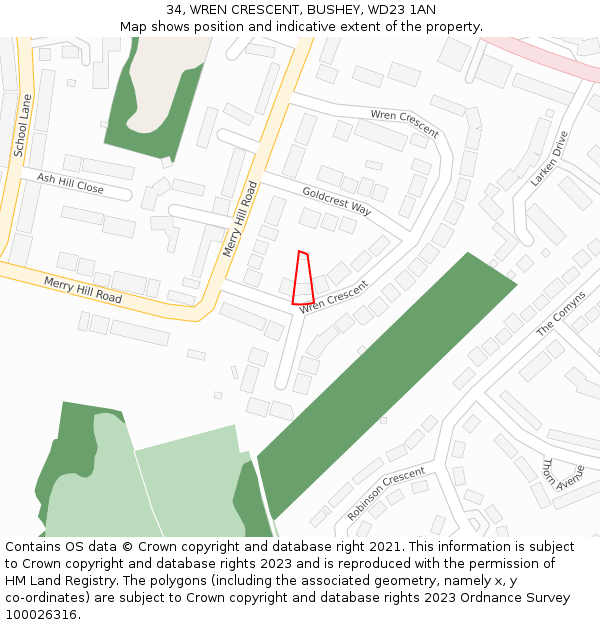 34, WREN CRESCENT, BUSHEY, WD23 1AN: Location map and indicative extent of plot