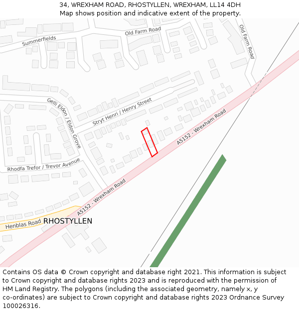 34, WREXHAM ROAD, RHOSTYLLEN, WREXHAM, LL14 4DH: Location map and indicative extent of plot
