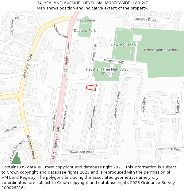 34, YEALAND AVENUE, HEYSHAM, MORECAMBE, LA3 2LT: Location map and indicative extent of plot