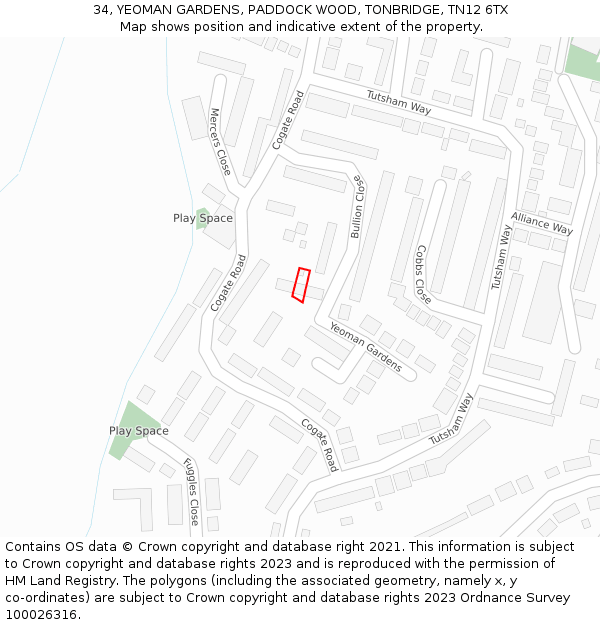 34, YEOMAN GARDENS, PADDOCK WOOD, TONBRIDGE, TN12 6TX: Location map and indicative extent of plot