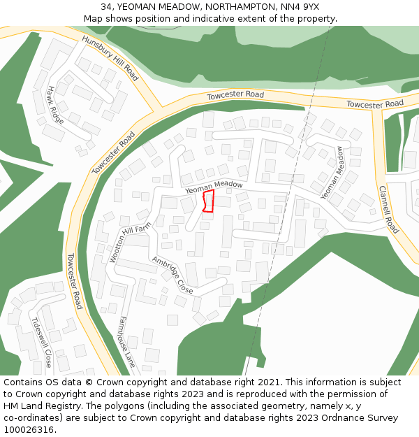 34, YEOMAN MEADOW, NORTHAMPTON, NN4 9YX: Location map and indicative extent of plot