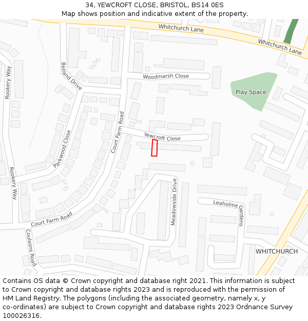 34, YEWCROFT CLOSE, BRISTOL, BS14 0ES: Location map and indicative extent of plot